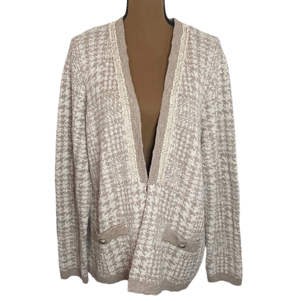 Chico’s Yarn-Detail houndstooth pearl trimmed soft knit chunky Cardigan sz US XL